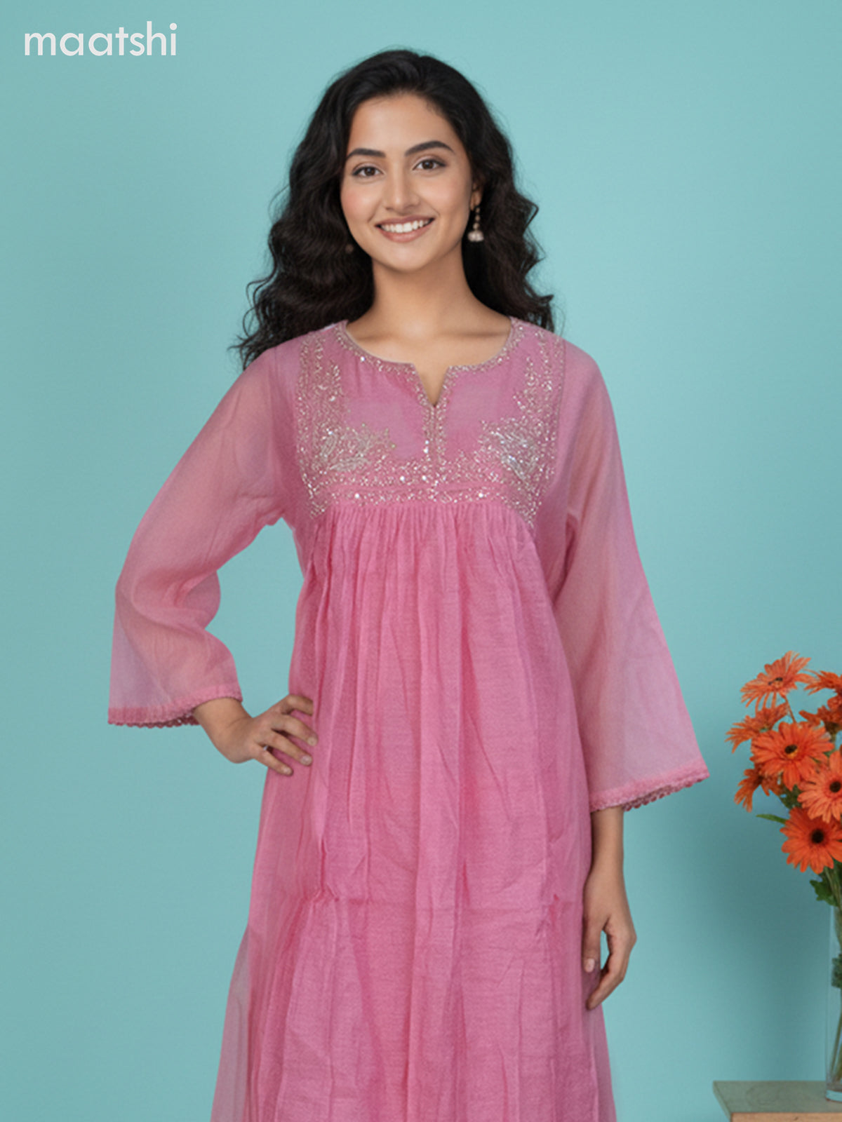Peach Pink Mul Chanderi Beaded Work A-Line Suit