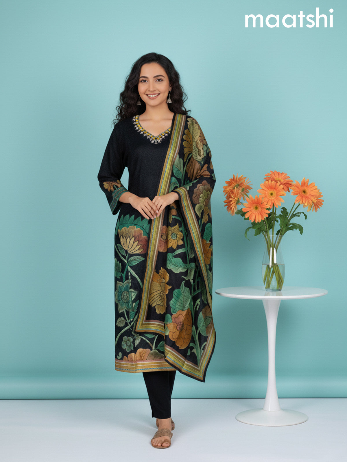 Black and Green Shade Dola Silk Printed Straight Suit Set