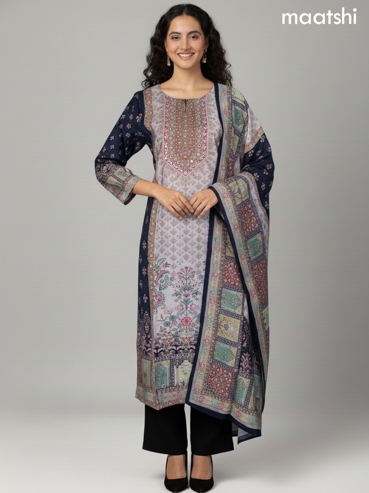 Black and Grey Chanderi Printed Straight Suit