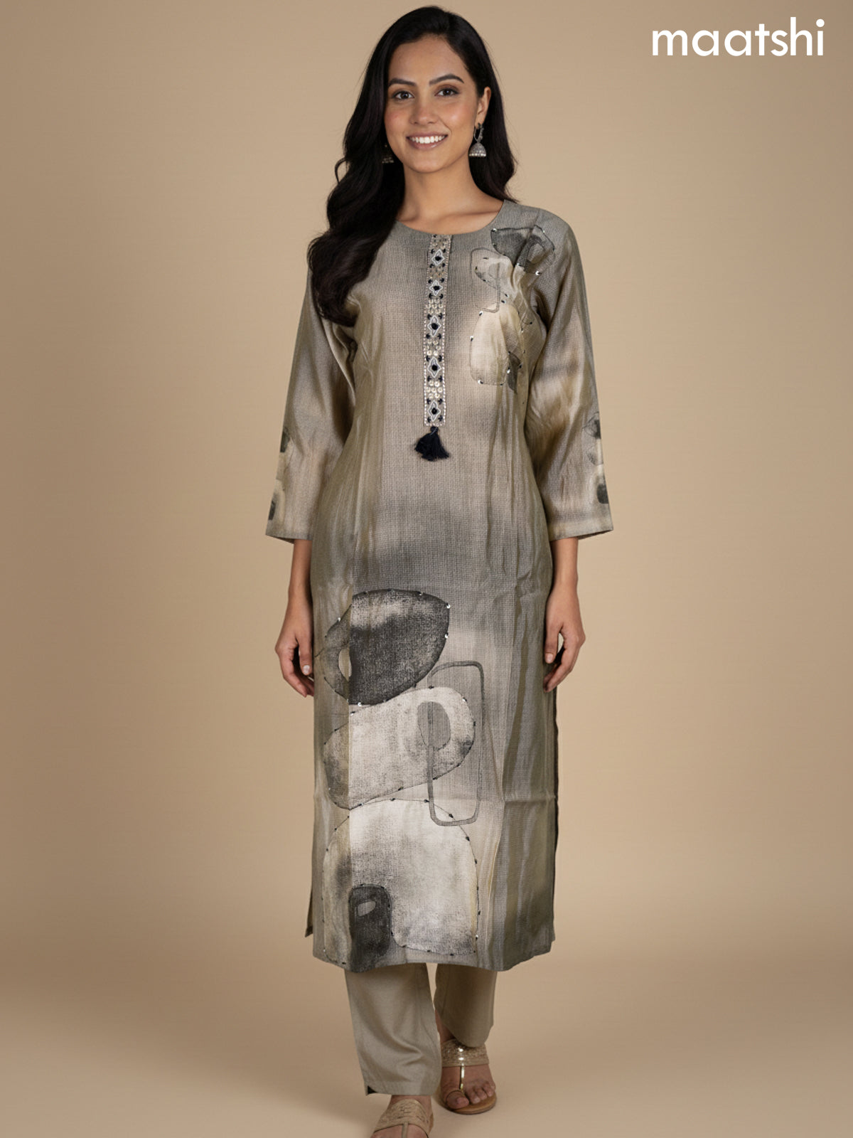 Beige Chanderi Floral Printed Straight Suit
