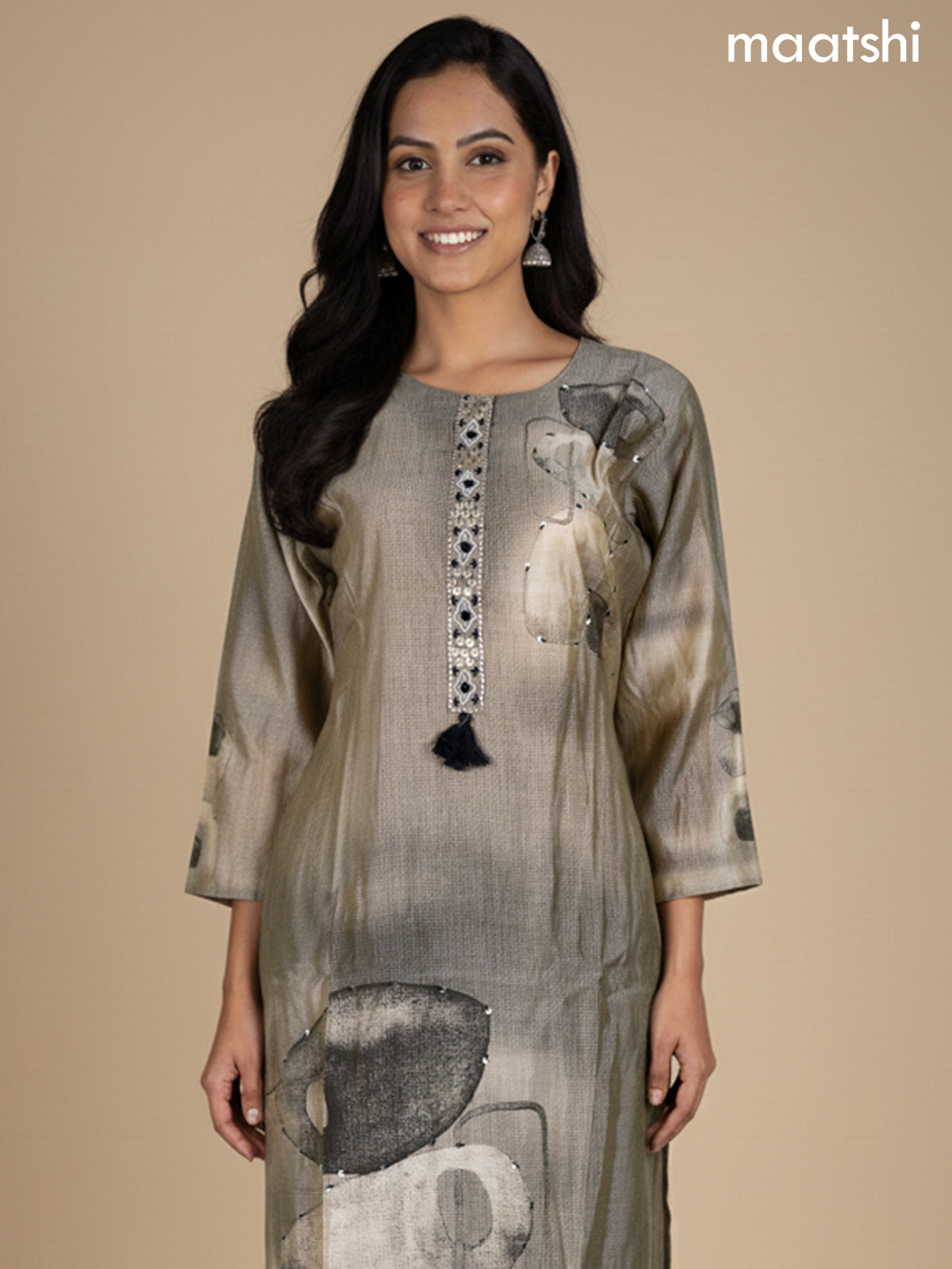 Beige Chanderi Floral Printed Straight Suit