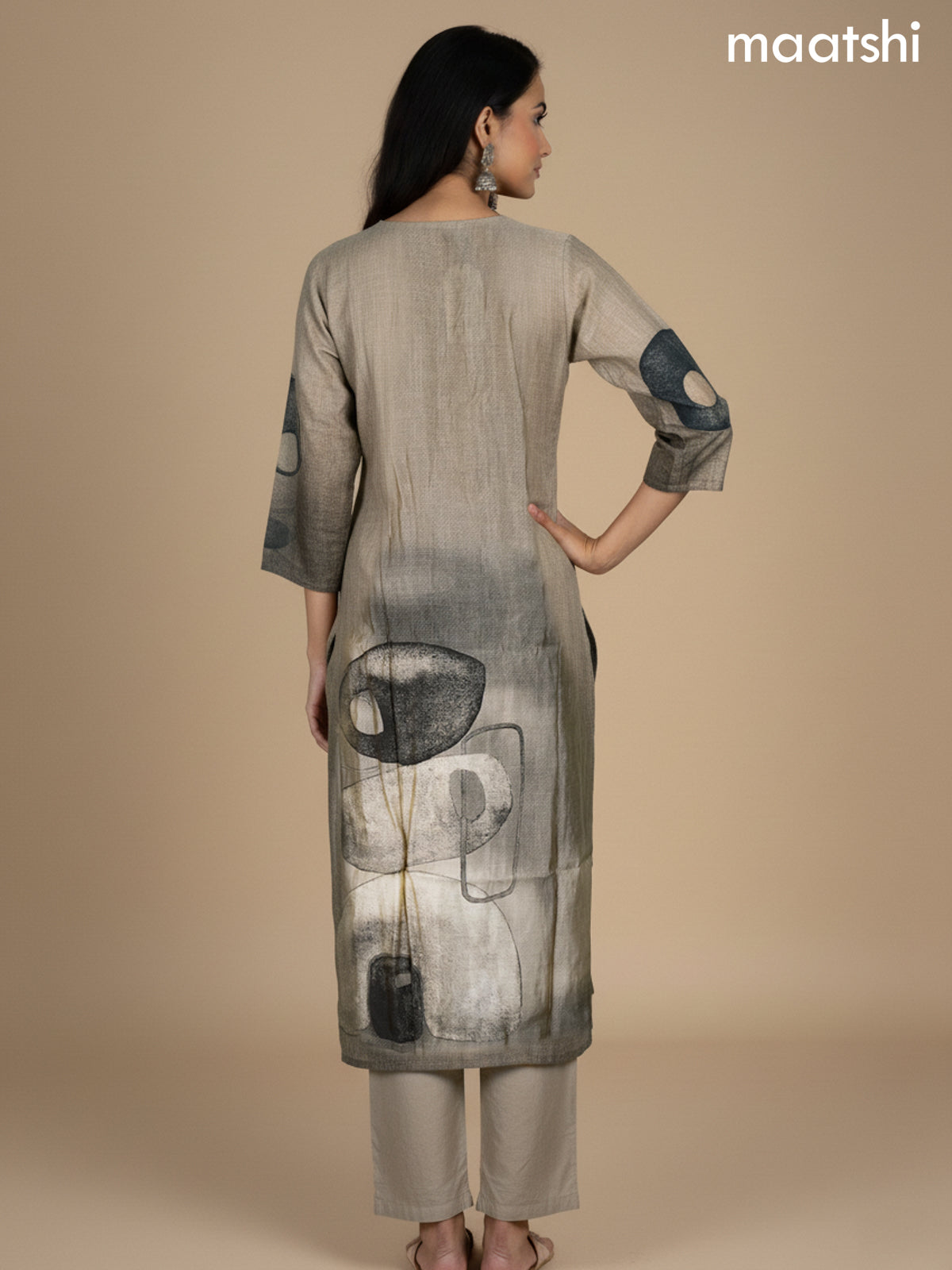 Beige Chanderi Floral Printed Straight Suit