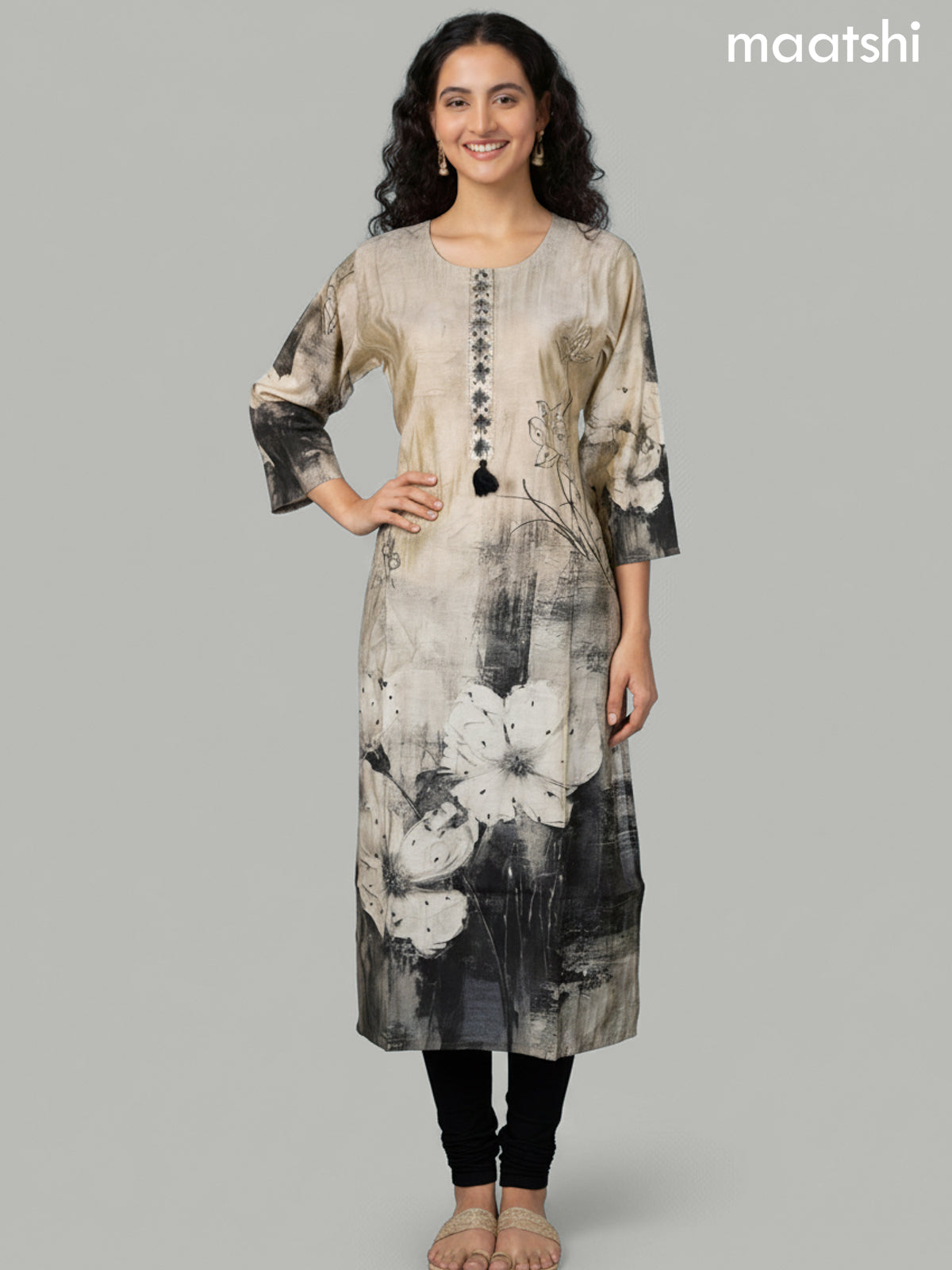 Beige and Black Chanderi Floral Printed Straight Suit