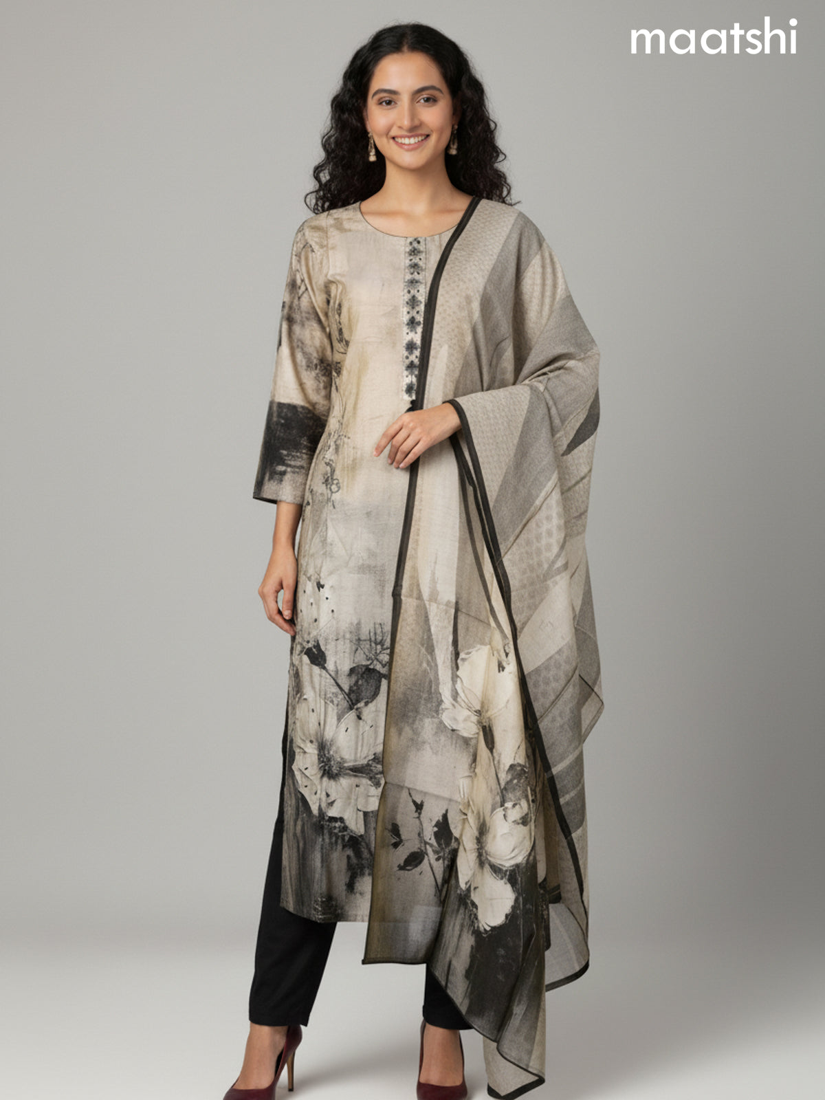 Beige and Black Chanderi Floral Printed Straight Suit