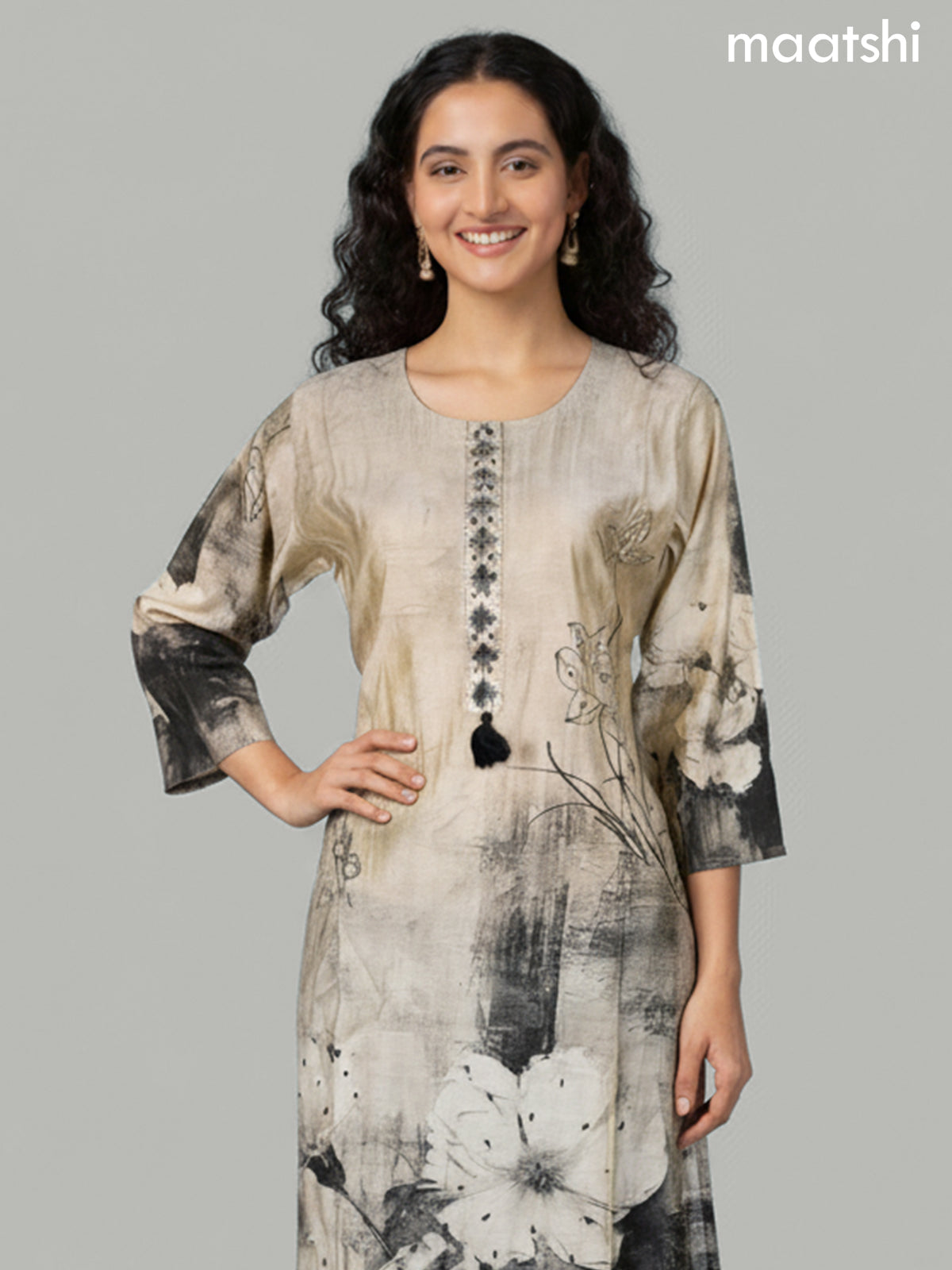 Beige and Black Chanderi Floral Printed Straight Suit