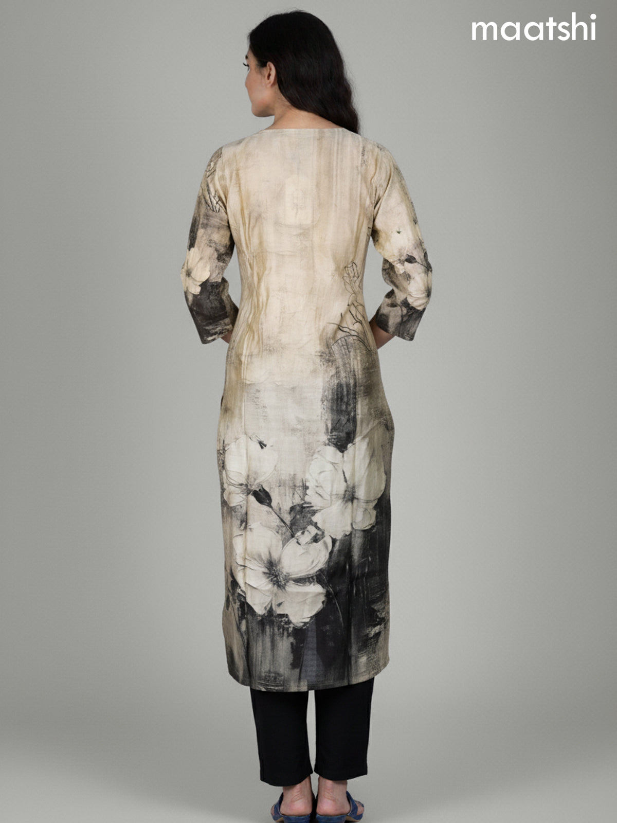 Beige and Black Chanderi Floral Printed Straight Suit