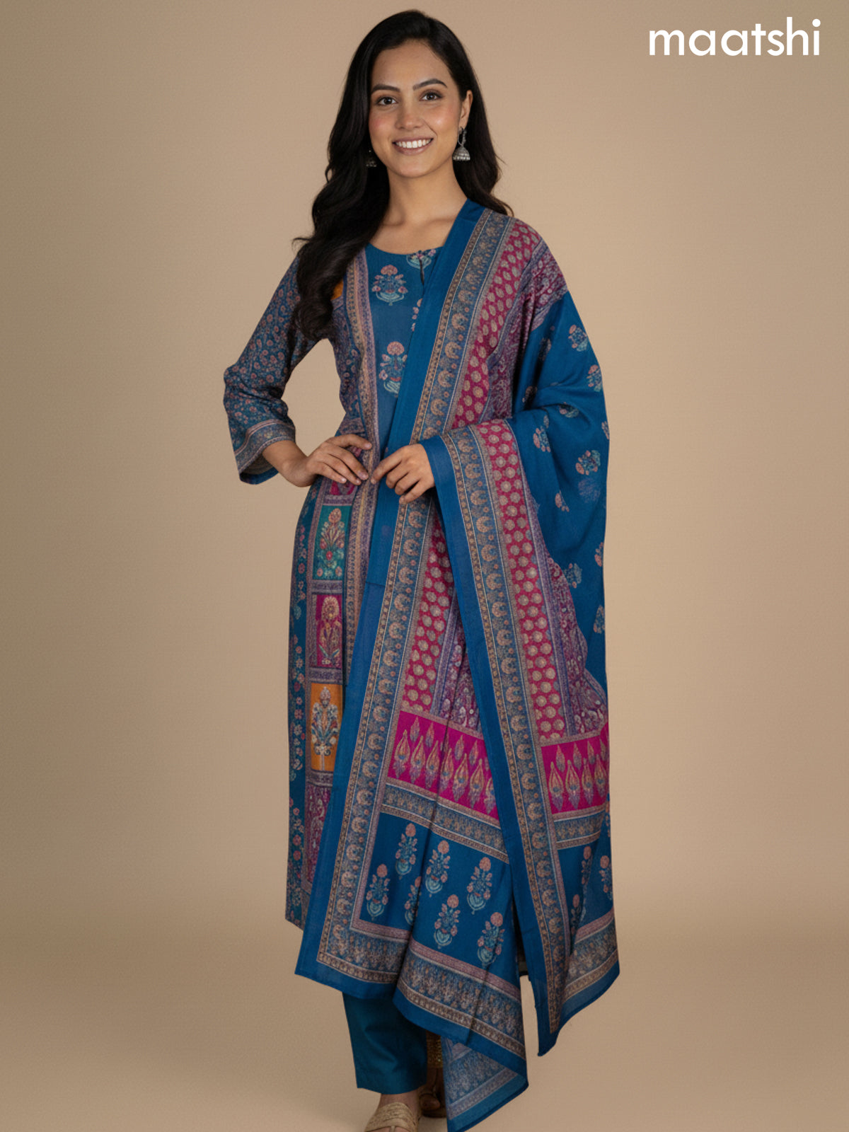 Multi Colour and Peacock Blue Chanderi Printed Straight Suit