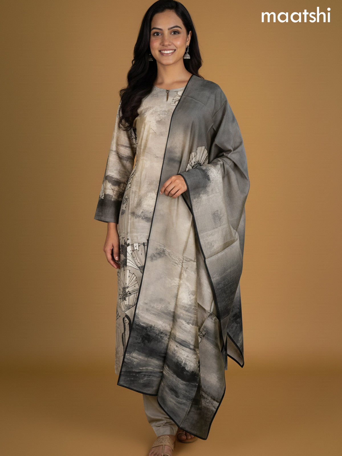 Beige Chanderi Floral Printed Straight Suit