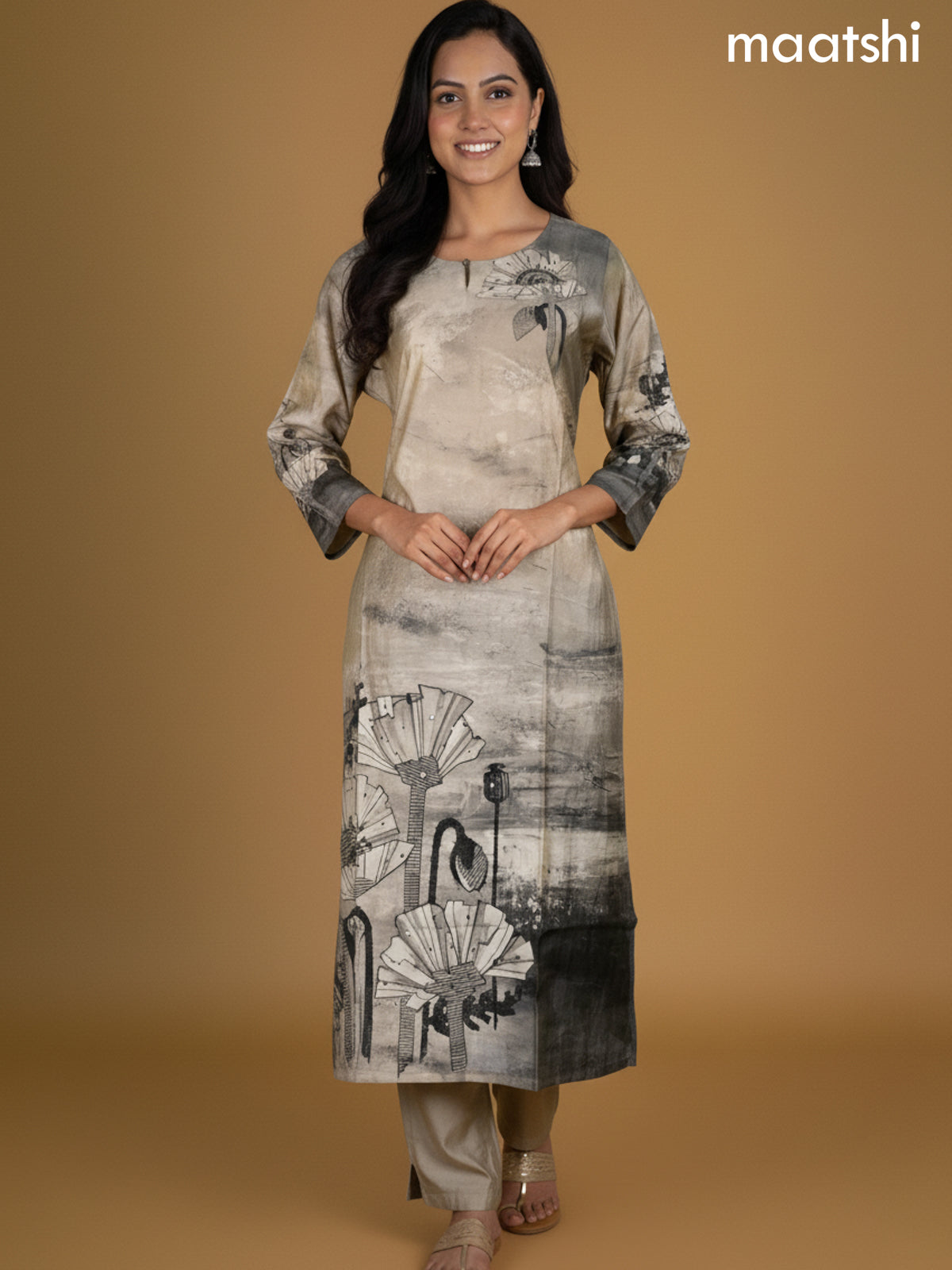 Beige Chanderi Floral Printed Straight Suit