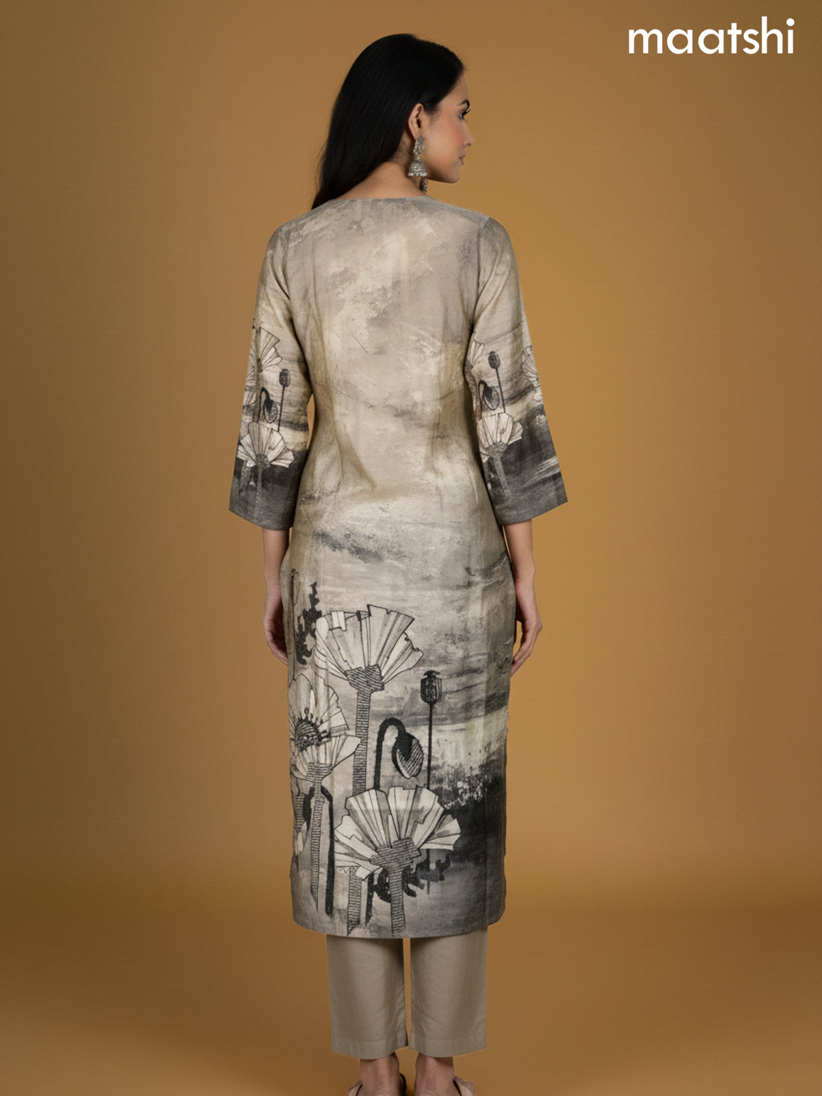 Beige Chanderi Floral Printed Straight Suit