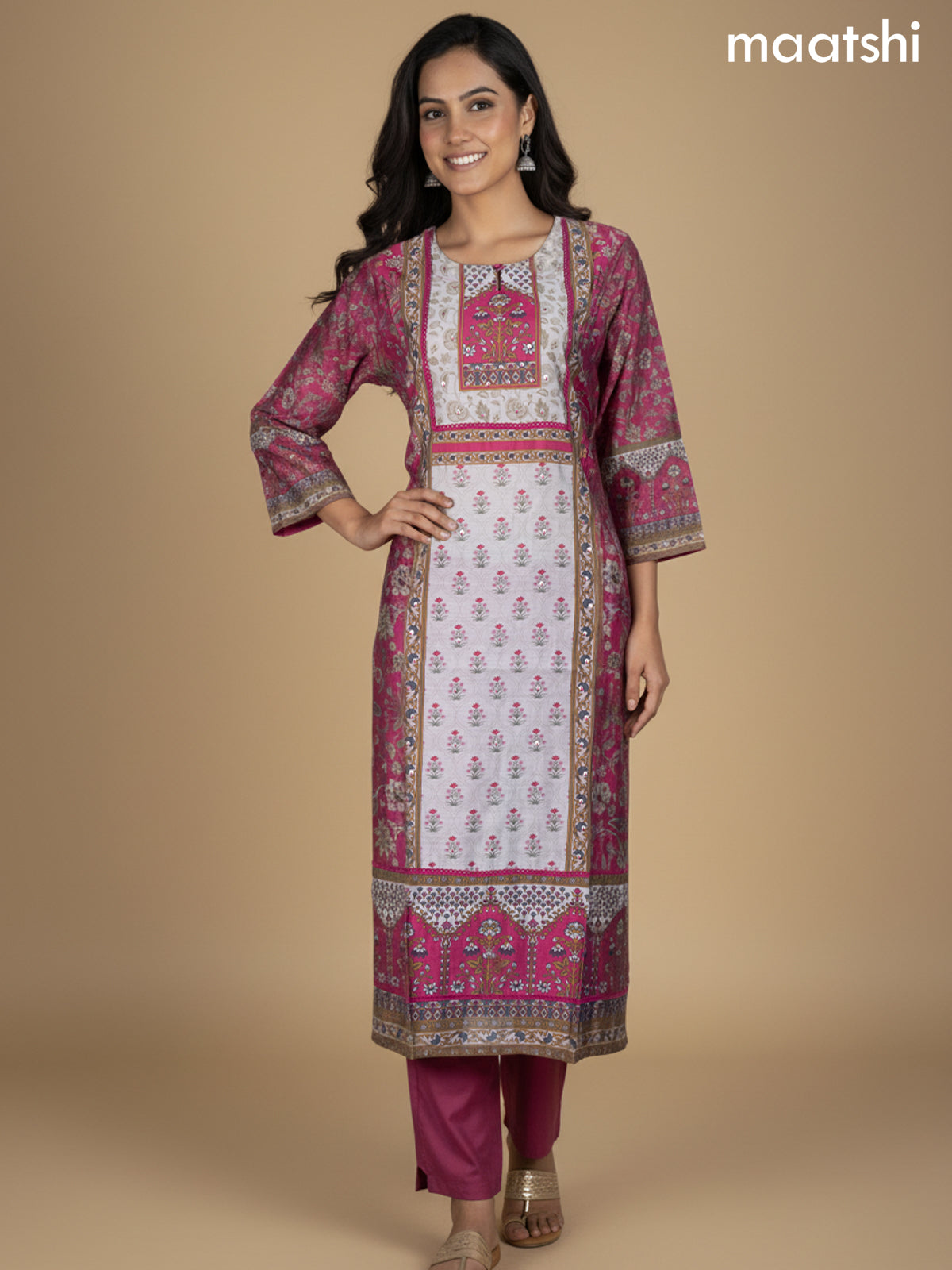 Pink and Grey Chanderi Printed Straight Suit