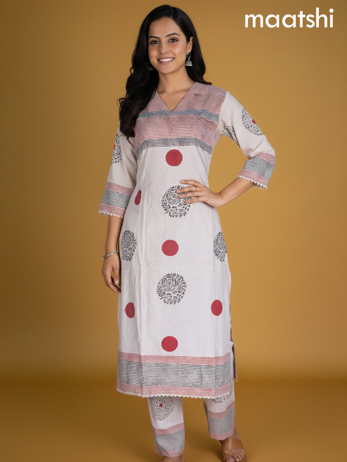 Cream and Red Linen Cotton Printed Kurti Set