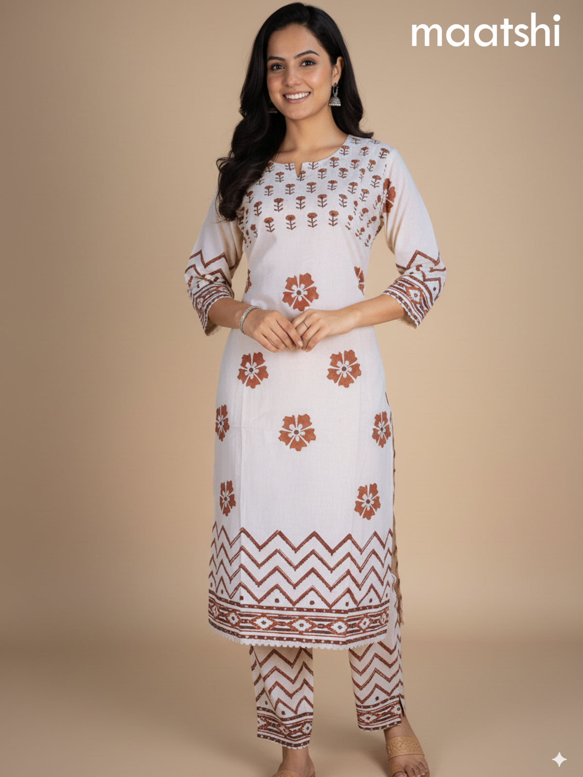Cream and Rust Shade Linen Cotton Printed Kurti Set