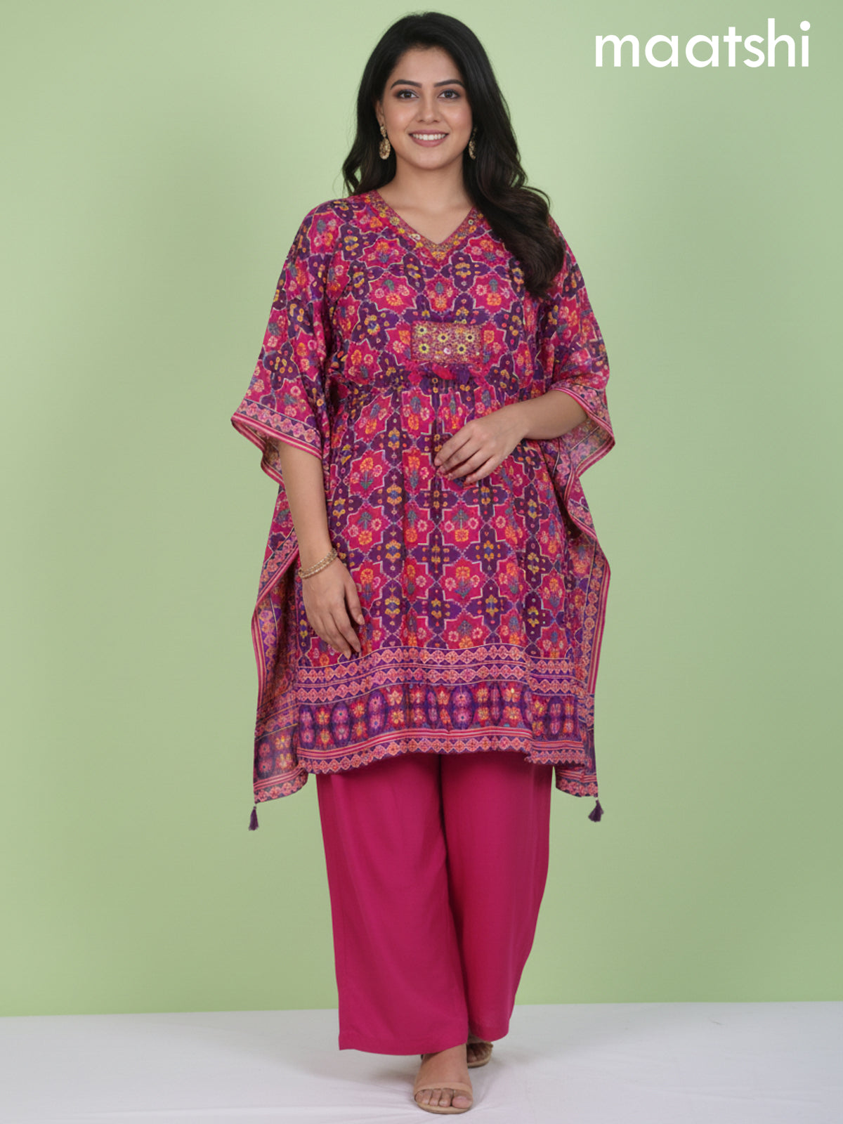 Pink and Purple Muslin Ikat Weaves Kaftan Dress