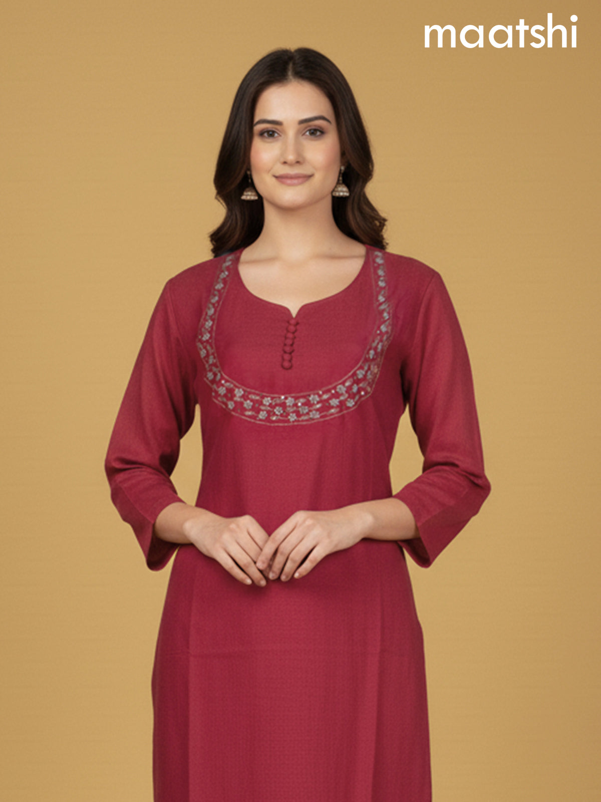 Red Shade Mul Chanderi Beaded Work Straight Suit