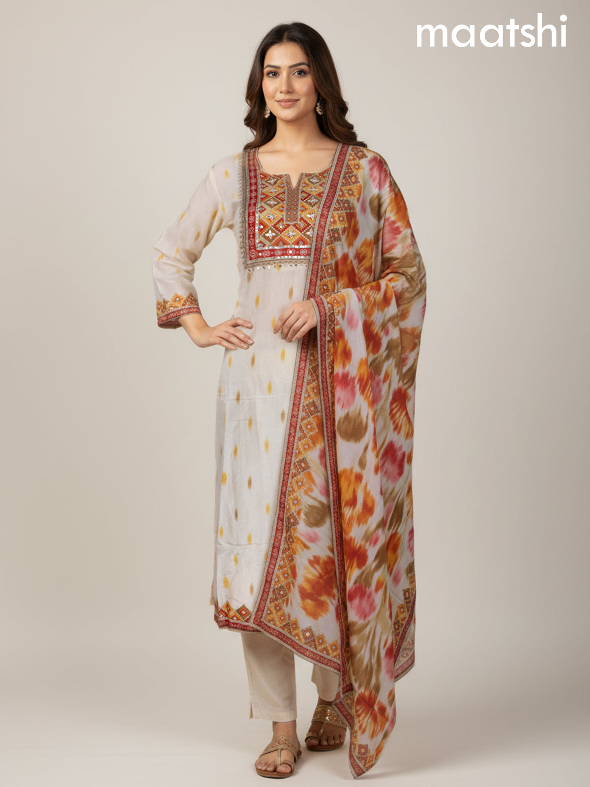 Off White Muslin Printed Straight Suit