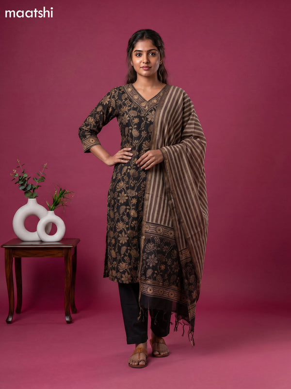 Black and Brown Chanderi Floral Printed Straight Suit