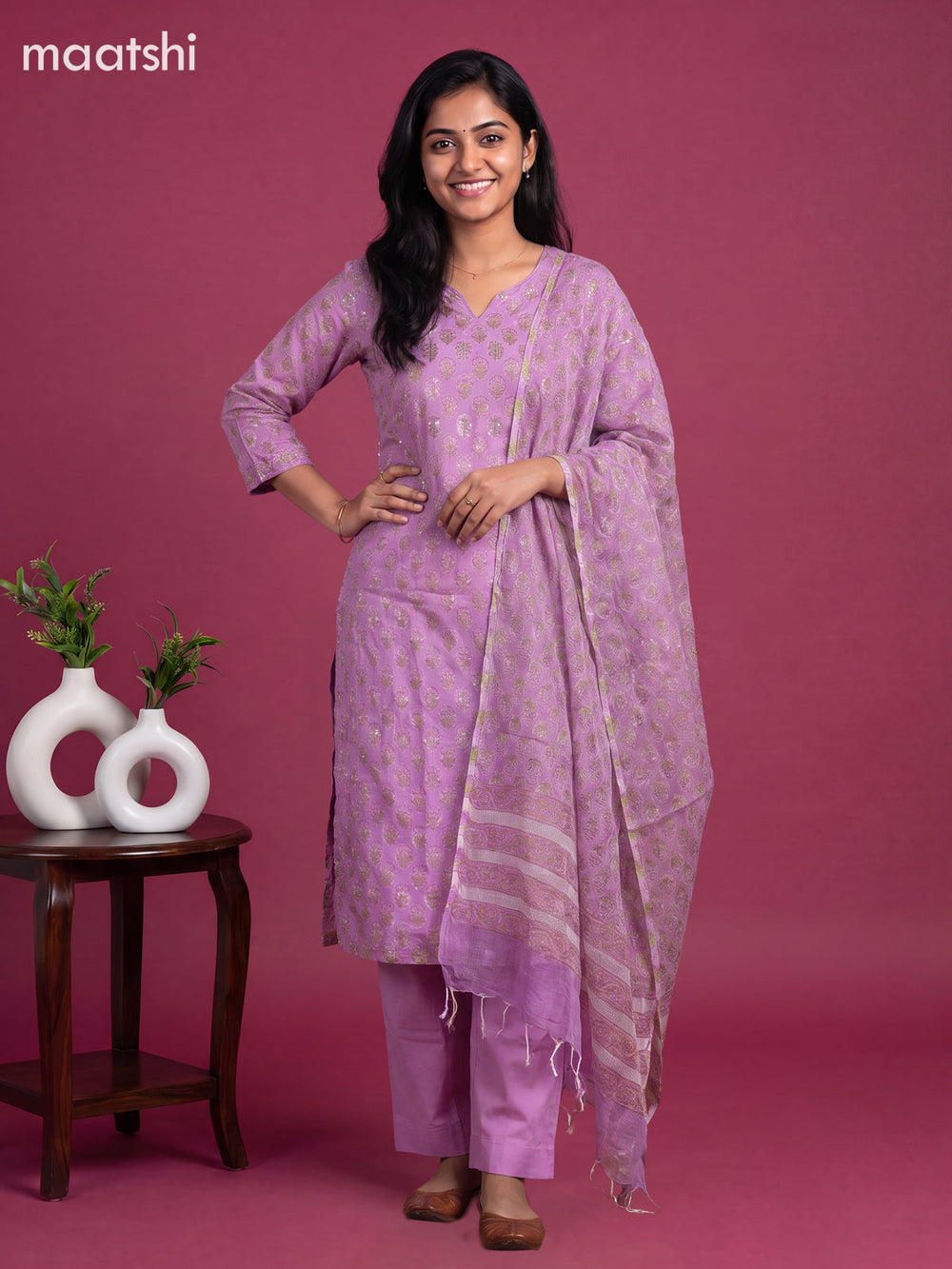 Lavender Kota Floral Printed Straight Suit