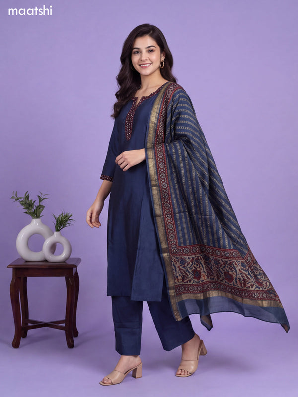 Greyish Blue and Maroon Chanderi Embroidery Work Straight Suit