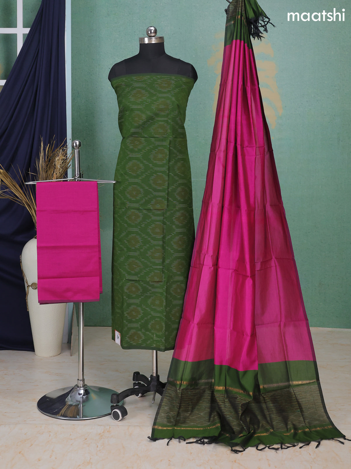 Dark Green and Magenta Pink Ikat Dress Material With Ikat Weaves Maatshi Dark Green and Magenta Pink Ikat Dress Material With Ikat Weaves Maatshi