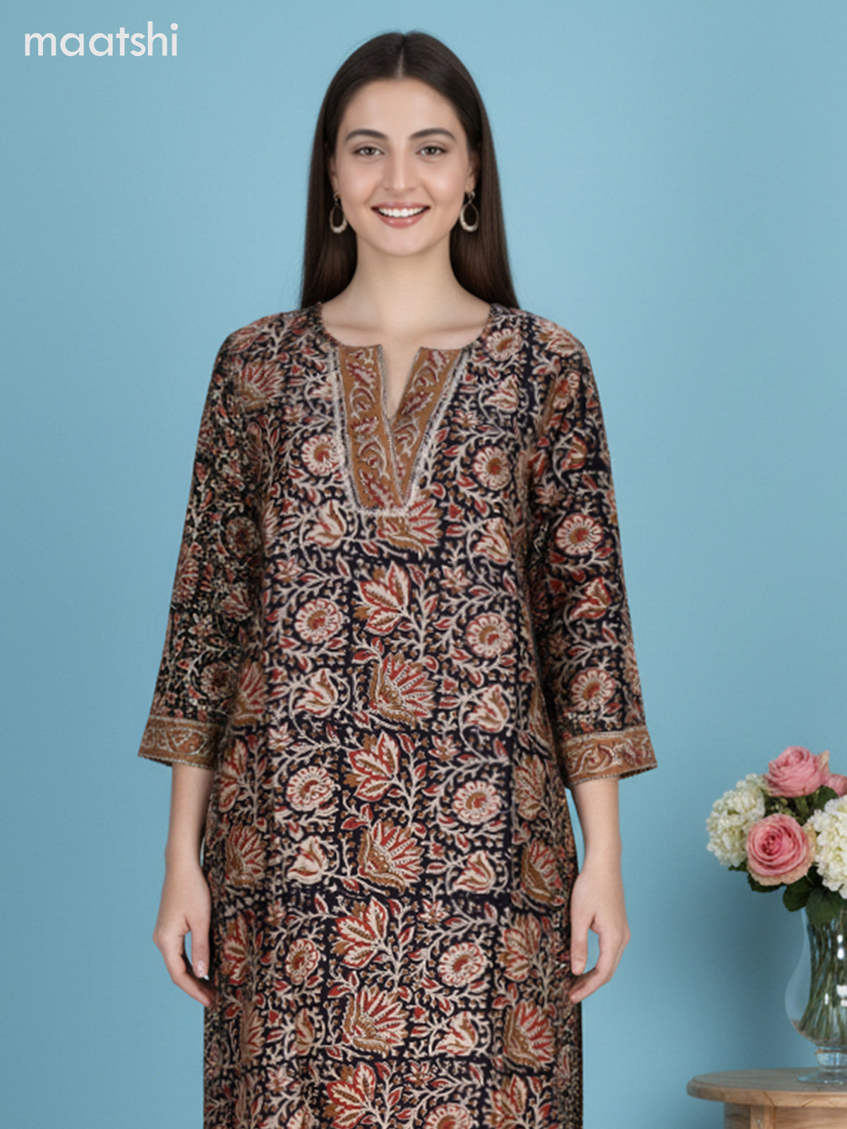 Black and Sandal Chanderi Kalamkari Printed Straight Suit