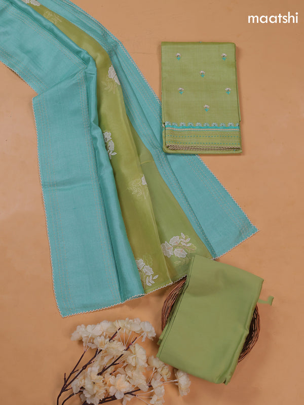 Pista Green and Light Blue Pure Tussar Dress Material With Floral Embroidery Work Buttas