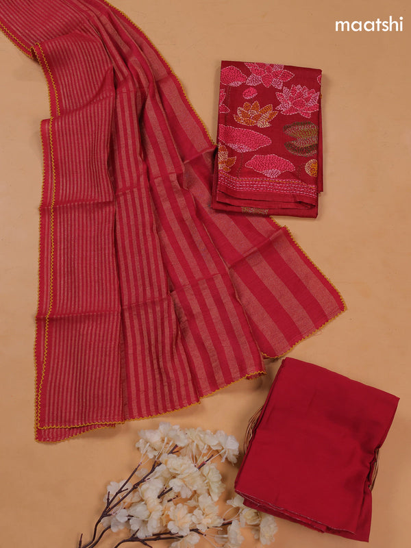 Red Pure Tussar Dress Material With Floral Embroidery Work Buttas