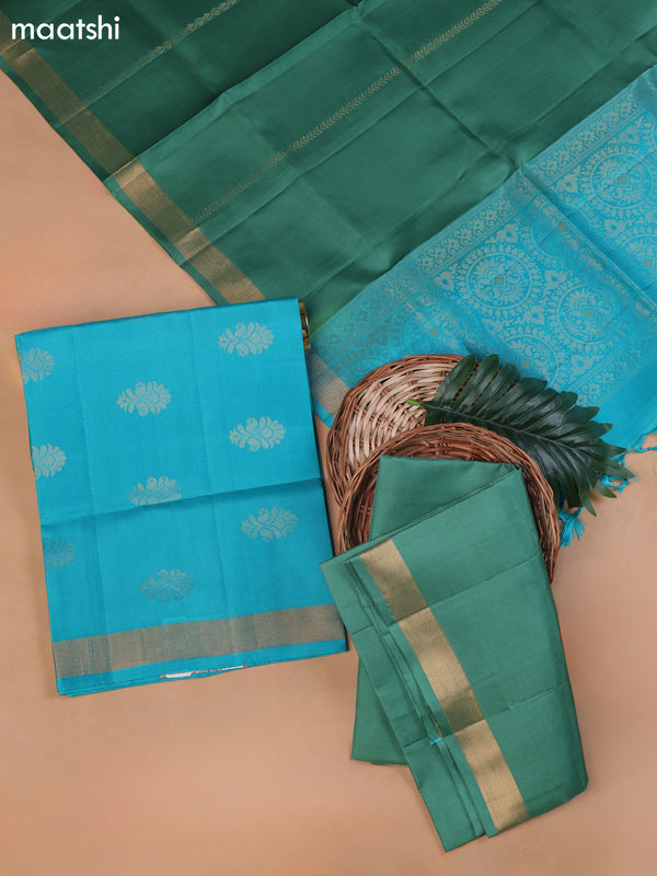 Teal Blue and Pastel Green Pure Silk Dress Material With Zari Butta
