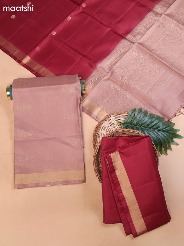 Pastel Brown and Maroon Pure Silk Dress Material With Zari Butta