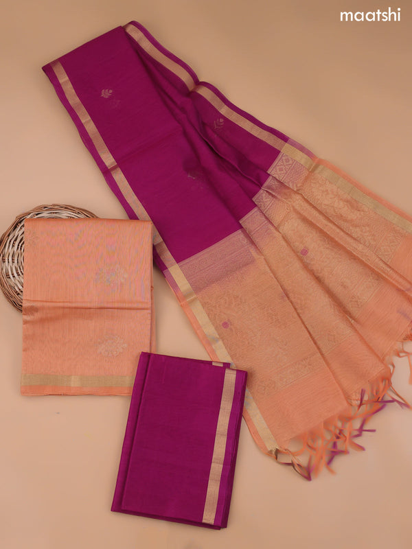 Peach and Dark Megenta Pink Silk Cotton Dress Material With Zari Buttas and Bottom & Zari Dupatta