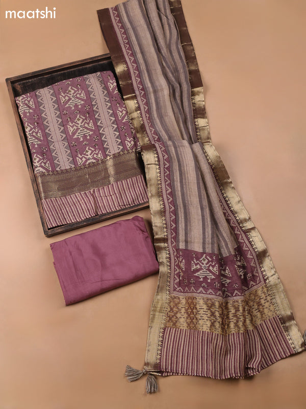 Pastel Maroon and Beige Art Silk Dress Material With Ikat Prints and Bottom & Dupatta