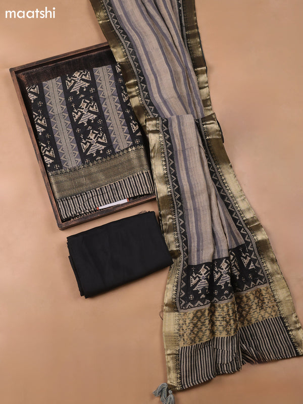 Black and Beige Art Silk Dress Material With Ikat Prints and Bottom & Dupatta