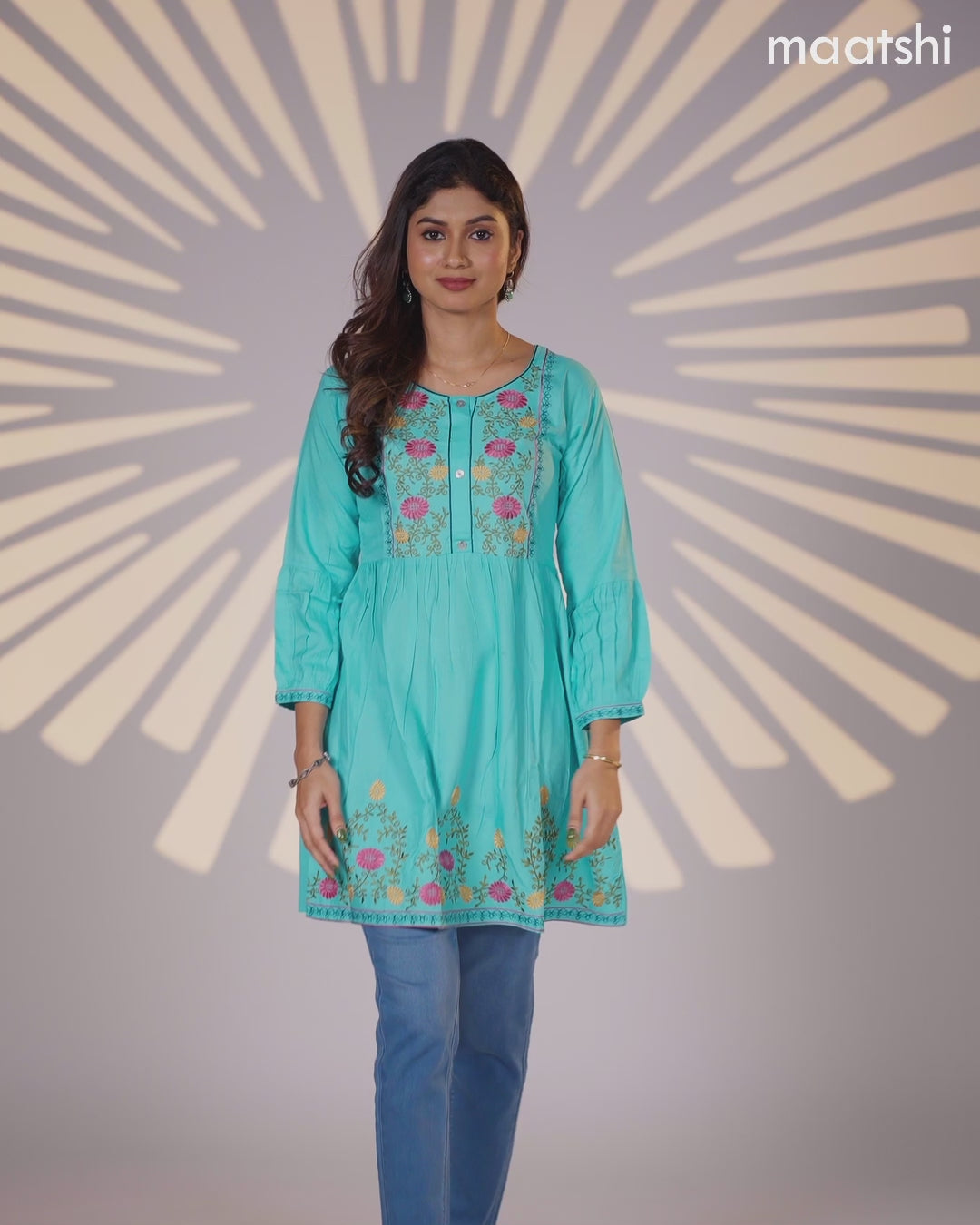 Cotton umbrella short kurti teal blue with plain body & embroidery work neck pattern and without pant