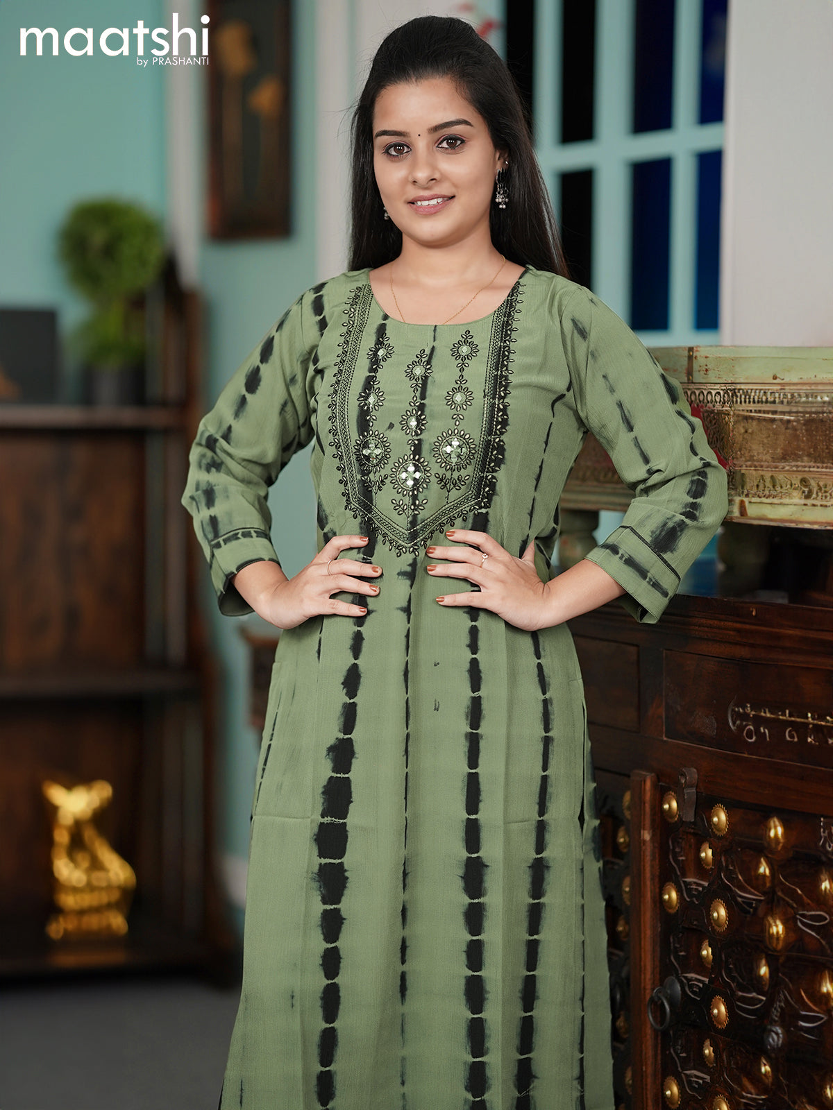 Chiffon kurti green shade with tie & dye prints embroidery mirror work neck pattern without pant