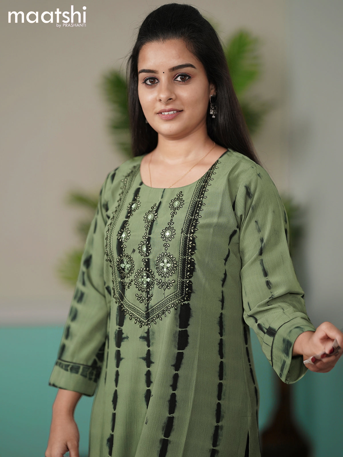 Chiffon kurti green shade with tie & dye prints embroidery mirror work neck pattern without pant