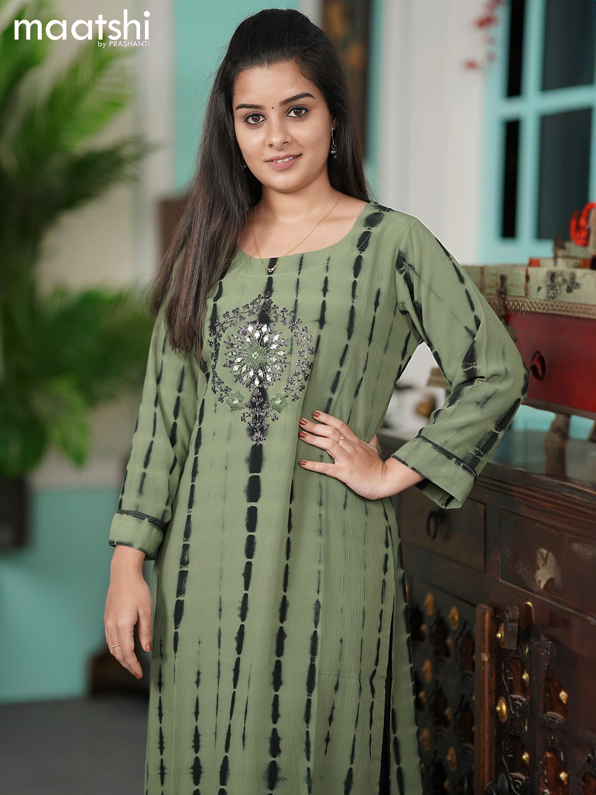 Chiffon kurti green shade and  with tie & dye prints embroidery mirror work neck pattern without pant