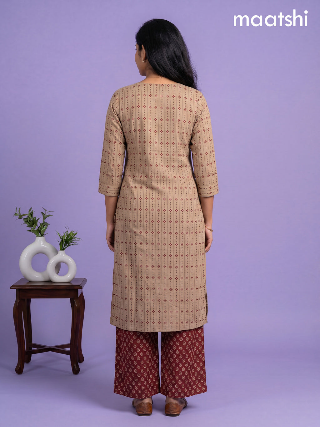 Beige and Maroon Cotton Printed Embroidery Work Salwar Suits