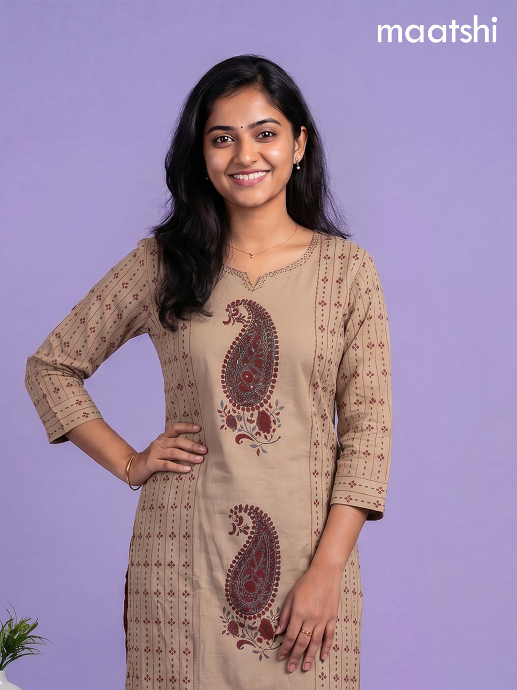 Beige and Maroon Cotton Printed Embroidery Work Salwar Suits