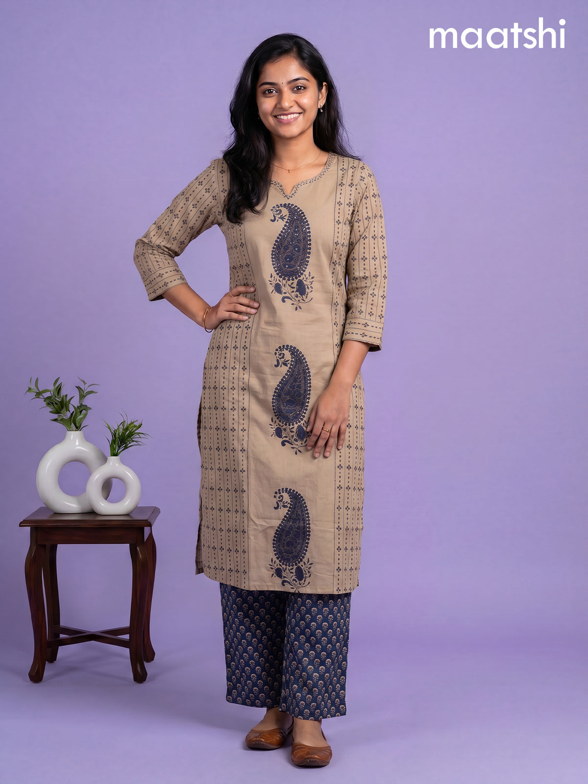 Beige and Blue Cotton Printed Embroidery Work Salwar Suits