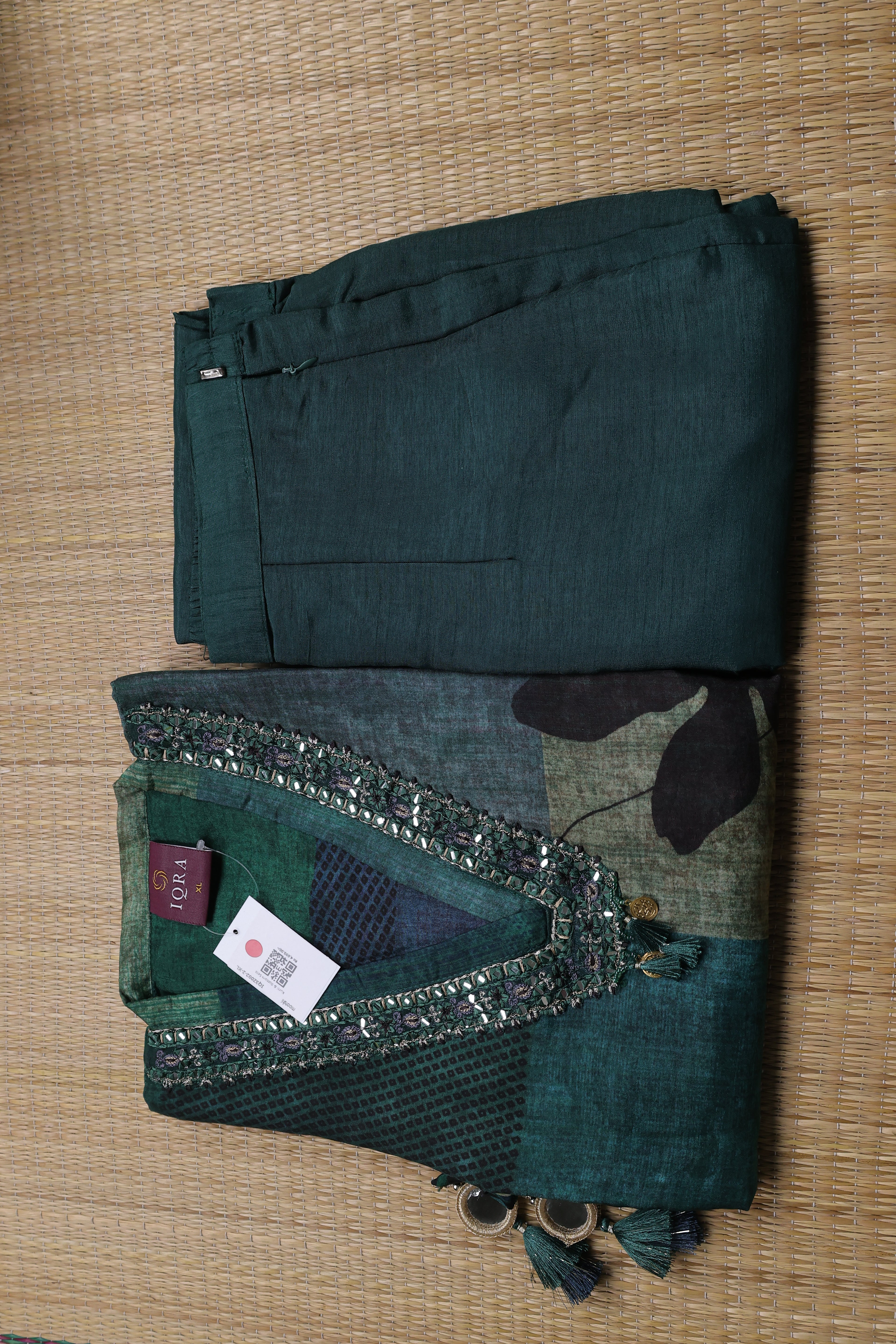 Green Art Tussar Printed & Embroidery Work Fish Cut Kurti Set