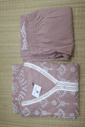 Dark Peach Cotton Hakoba & Lace Work Long Co-Ord Set