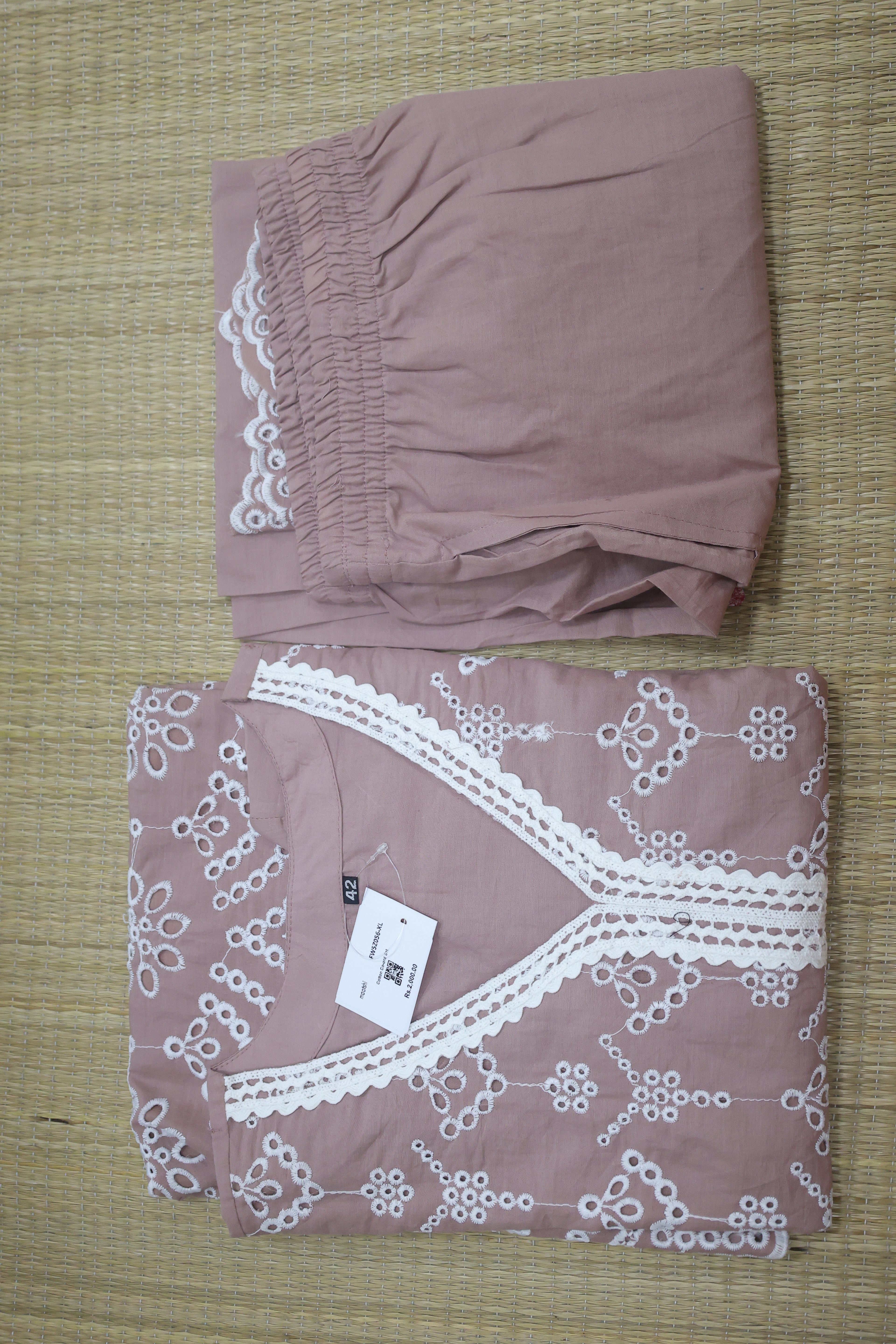 Dark Peach Cotton Hakoba & Lace Work Long Co-Ord Set