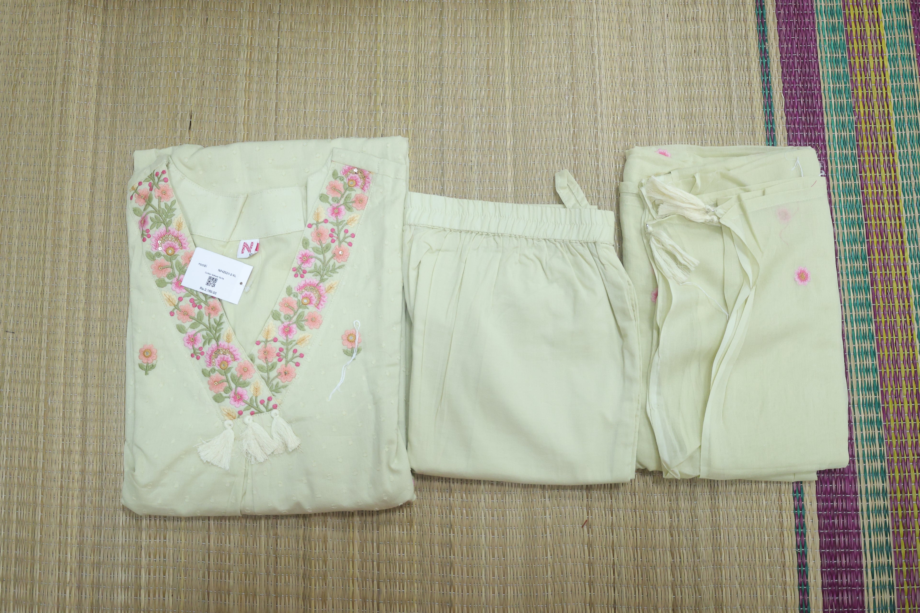 Pastel Green Cotton Embroidery Work Straight Suit