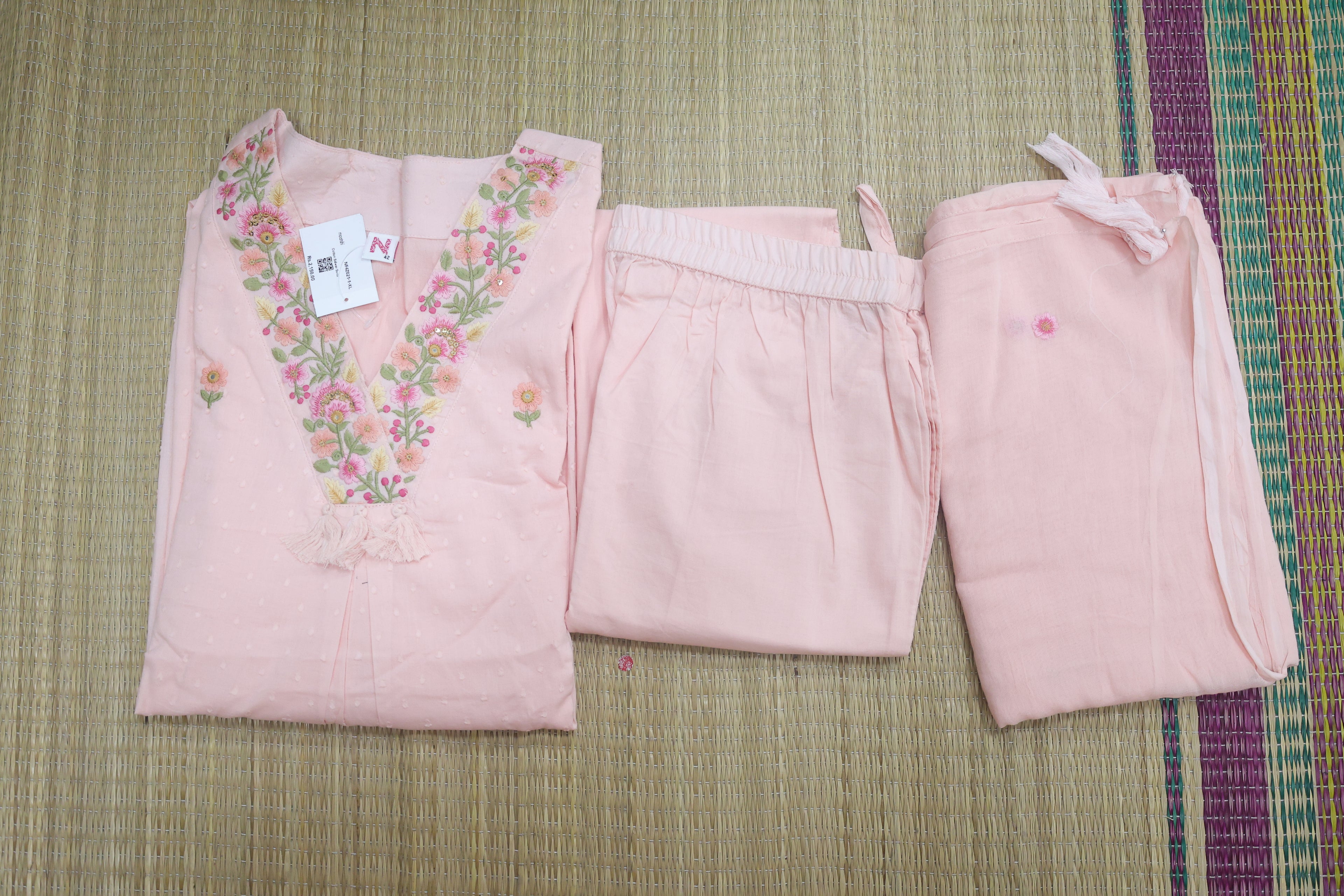Peach Cotton Embroidery Work Straight Suit