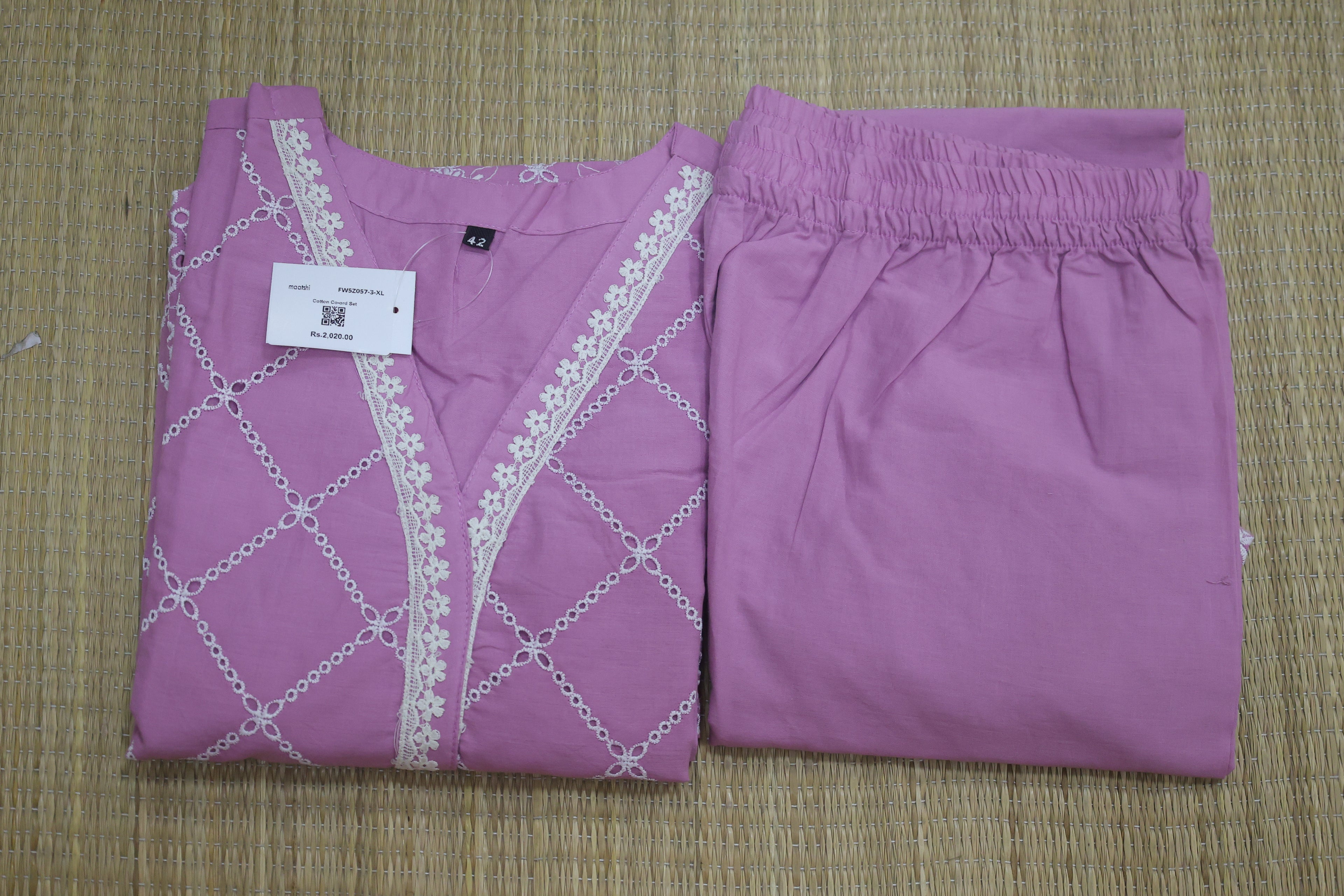 Mauve Pink Cotton Hakoba & Lace Work Long Co-Ord Set