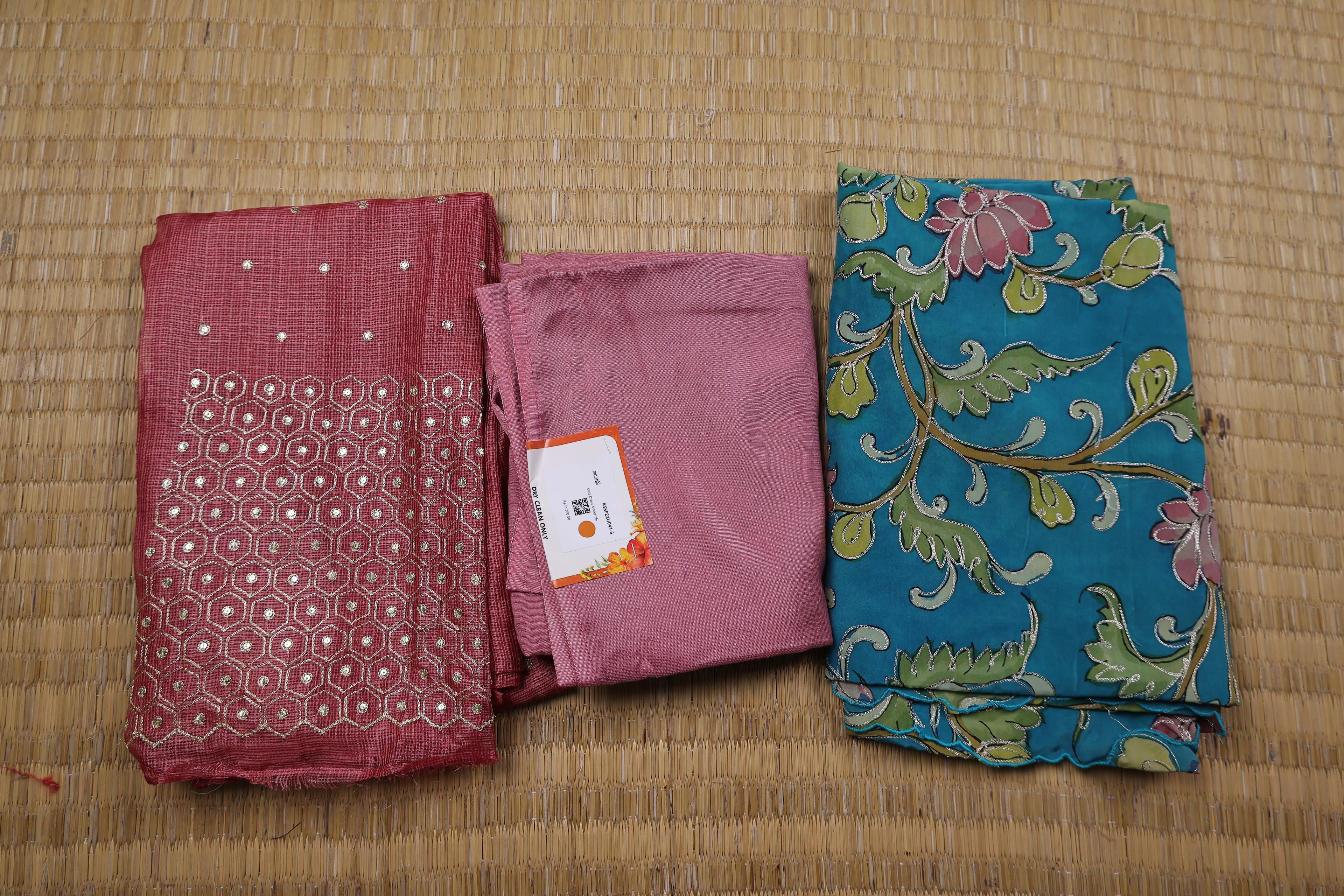 Dark Peach and Teal Green Kota Dress Material With Gota Patti Work Pattern