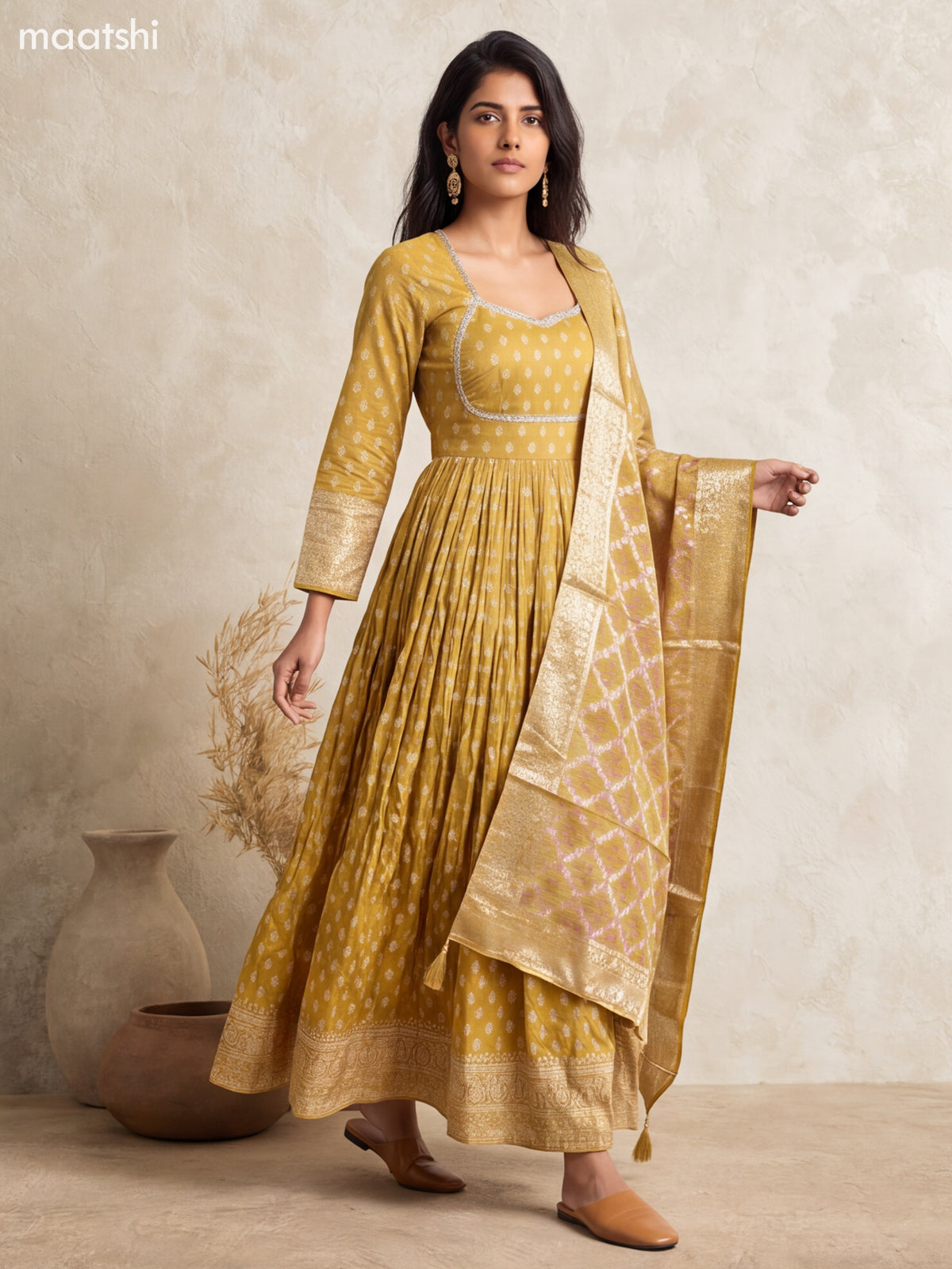 Mehendi Green Tissue Embroidery Work Anarkali Gown Kurti Set