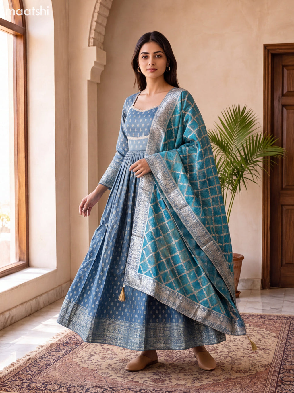 Peacock Blue Tissue Embroidery Work Anarkali Gown Kurti Set