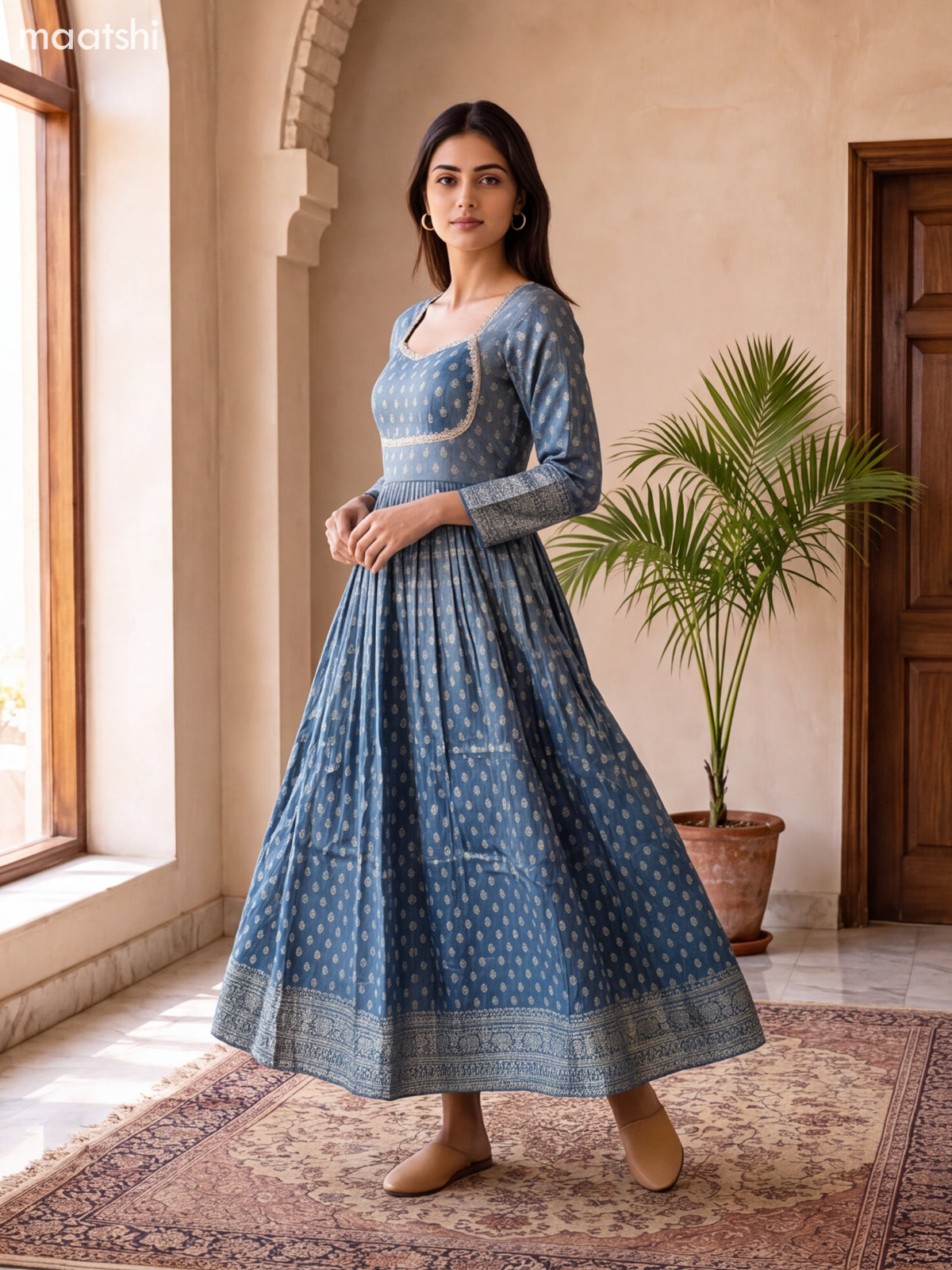 Peacock Blue Tissue Embroidery Work Anarkali Gown Kurti Set