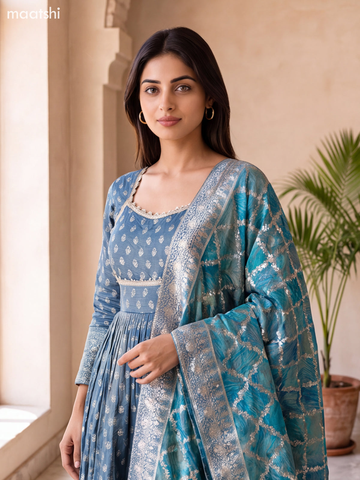 Peacock Blue Tissue Embroidery Work Anarkali Gown Kurti Set